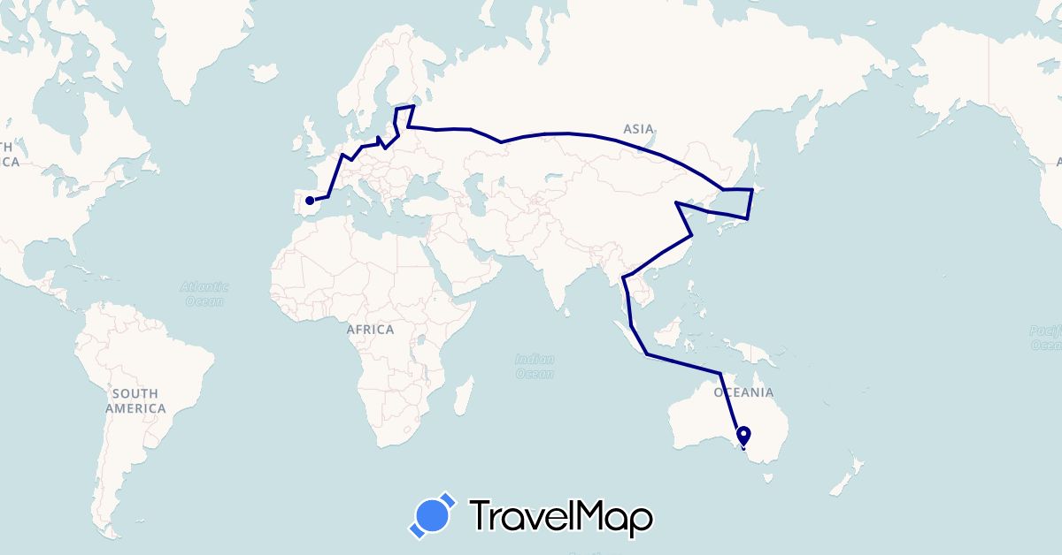 TravelMap itinerary: driving in Australia, China, Germany, Estonia, Spain, Indonesia, Japan, South Korea, Laos, Lithuania, Latvia, Malaysia, Poland, Russia, Thailand (Asia, Europe, Oceania)